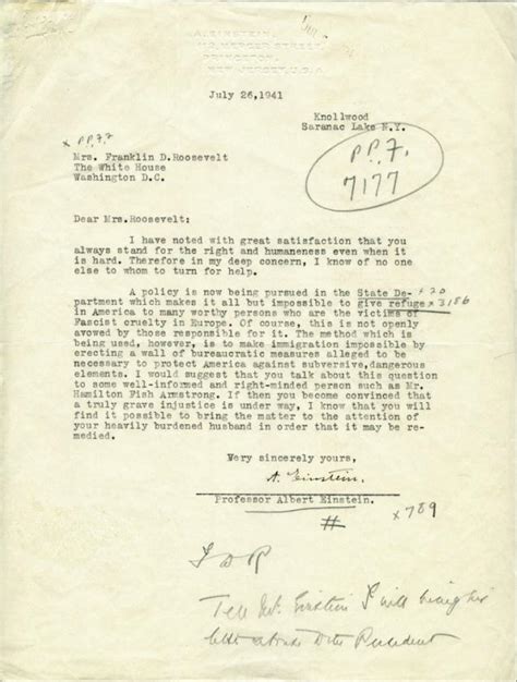 Albert Einstein Eleanor Roosevelt: 1941 letter asking the First Lady to help Jewish refugees