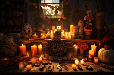 Premium AI Image | Dia de los Muertos altar with candles photos and t ...