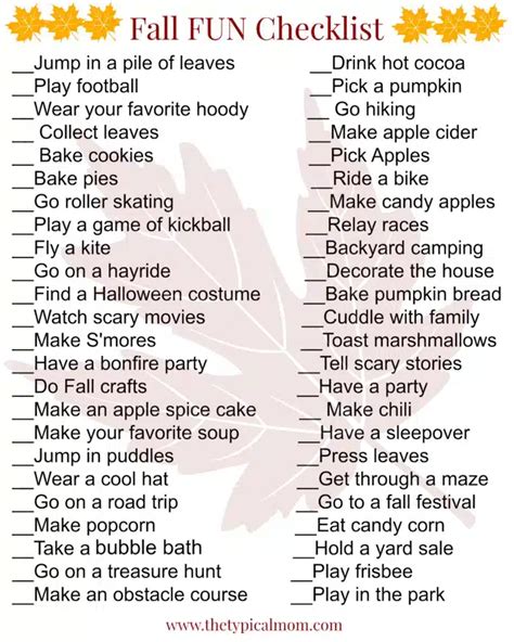 Fun Fall Activities - Free Fall Bucket List Printable PDF