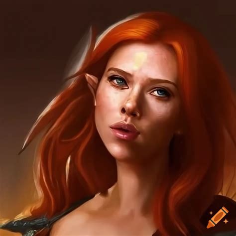 Scarlett johansson as a freckled fantasy elf ranger on Craiyon