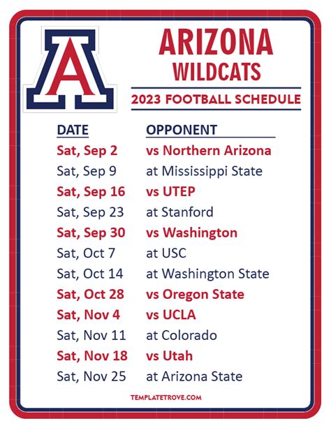 Printable 2023 Arizona Wildcats Football Schedule