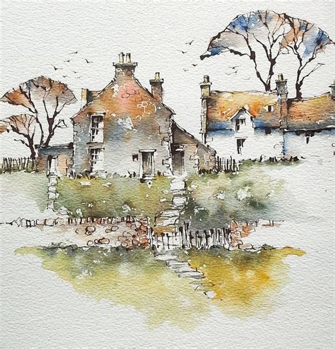 Farm cottages | Watercolor art landscape, Watercolor architecture, Watercolor landscape paintings