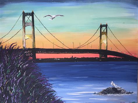 Mackinac Bridge at sunset, acrylic on canvas, 24x30 : r/Art