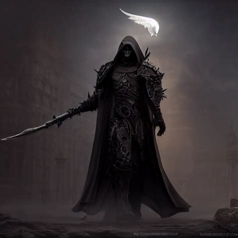 grim reaper wearing heavy dark armor, cloaked, scythe, | Midjourney