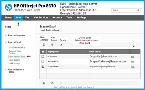 HP Officejet Pro 8610 delete email adres in scan phone book - HP ...