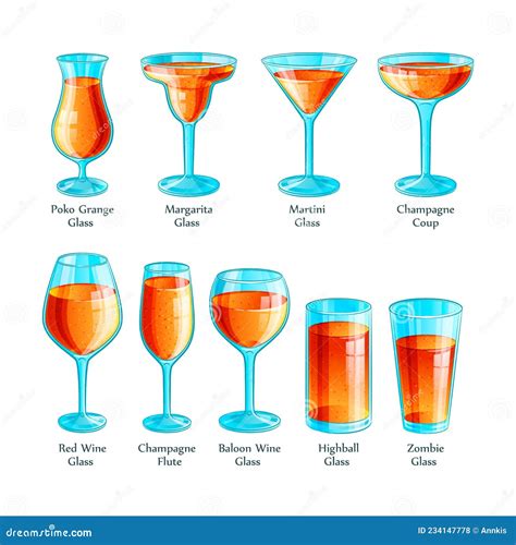 Types of Cocktail Glasses in Color with Names Stock Illustration ...