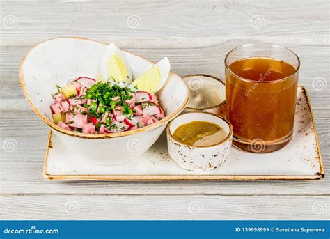 Okroshka with Kvass on a Wooden White Background Stock Image - Image of ...