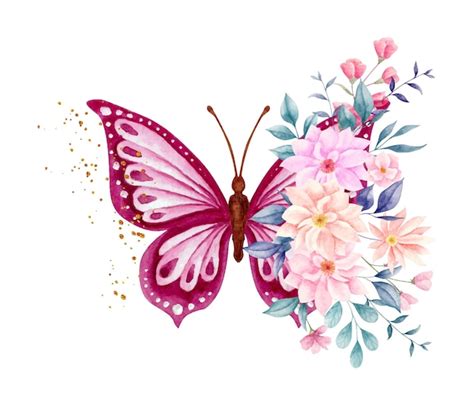 Premium Vector | Watercolor spring flowers and leaves bouquet with lovely butterfly