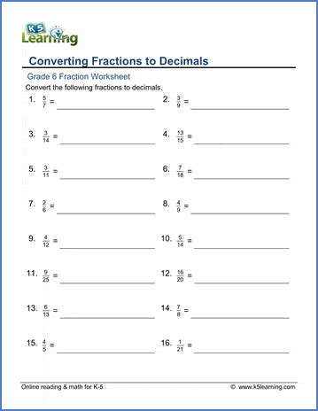 Grade Fractions Vs Decimals Worksheets Free Printable K Learning 46080 ...