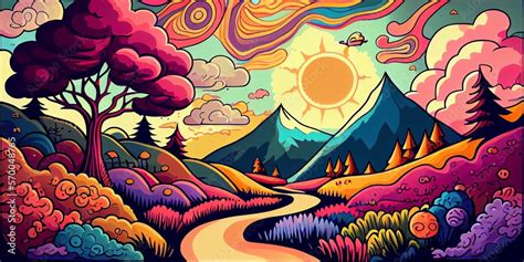 Colorful psychedelic landscape cartoon style wallpaper. 70s Hippie ...