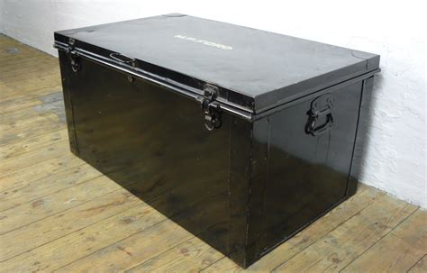 A Heavy Duty Black Vintage Metal Trunk by F & B London