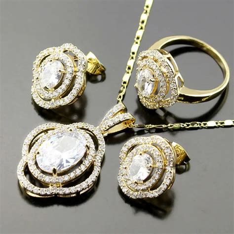 Classic White zircon Jewelry Set For Women Yellow Gold Color Zircon Necklace/Earrings/Rings ...