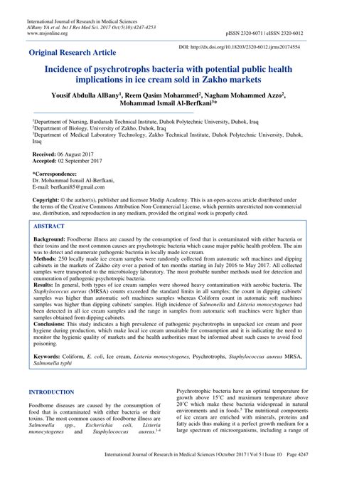 (PDF) Incidence of psychrotrophs bacteria with potential public health implications in ice cream ...