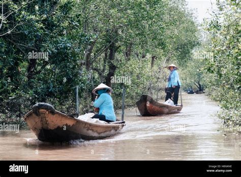 women rowing sampan boats on the Mekong River in Cai Be, Mekong Delta, Vietnam, Asia Stock Photo ...