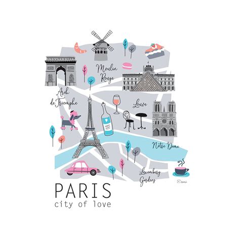 Illustrated Paris Map, Tourist Souvenir Map of Paris, Cute Map of Paris, Map Illustration, Map ...