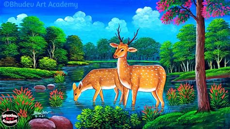 Deer Painting Easy Tutorial|How To Draw Deer In Forest With Earthcolor ...