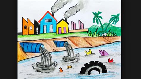 How to draw water pollution | Stop water pollution poster drawing | Air pollution drawing easy ...