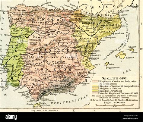 Map of Spain, 1212-1492. Showing the kingdom of Castile and León with its dependencies, kingdom ...