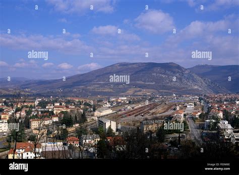 Italy, Slovenia, Gorizia (left) and Nova Goriça (right) divided by the railroad (border line ...