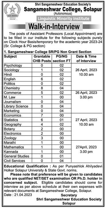 Sangameshwar College , Solapur wanted Assistant Professor | FacultyPlus