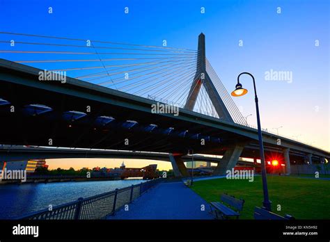 Boston Zakim bridge sunset in Bunker Hill Massachusetts USA Stock Photo ...