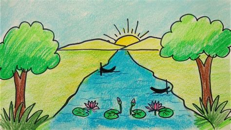 Easy River Scenery Drawing for Beginners | How to Draw Simple Nature Scenery Step by Step