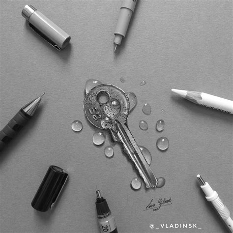 This was one of my first realistic drawings, a key with water drops : r/drawing