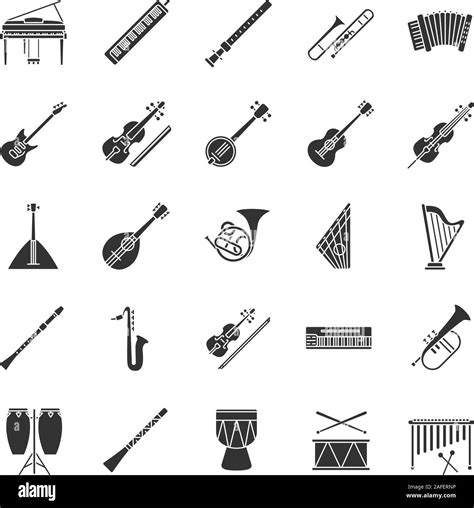 Musical instruments glyph icons set. Orchestra equipment. Stringed, wind, percussion instruments ...