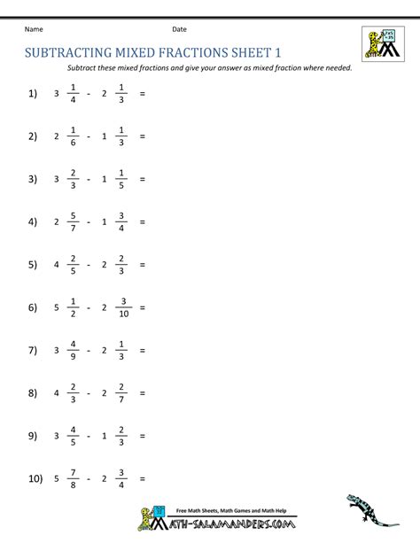 Subtract Mixed Numbers Fractions