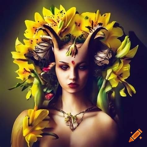 Art of a horned goddess surrounded by yellow lilies