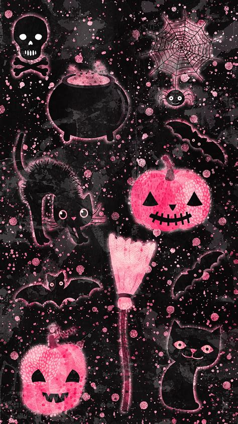 Pink Black Halloween, Adoxali, October, animal, bat, broomstick, carved, cat, HD phone wallpaper ...