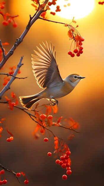 Premium AI Image | there is a bird flying in the air with a branch of red berries beautiful ...