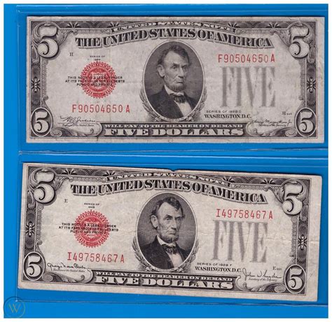 2 Old Vintage 1928 C AND F 5 Dollar Bill Red Seal United States Note ...