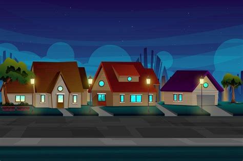 Free Vector | Beautiful nigth scene with house in village near road with lighting from electric ...