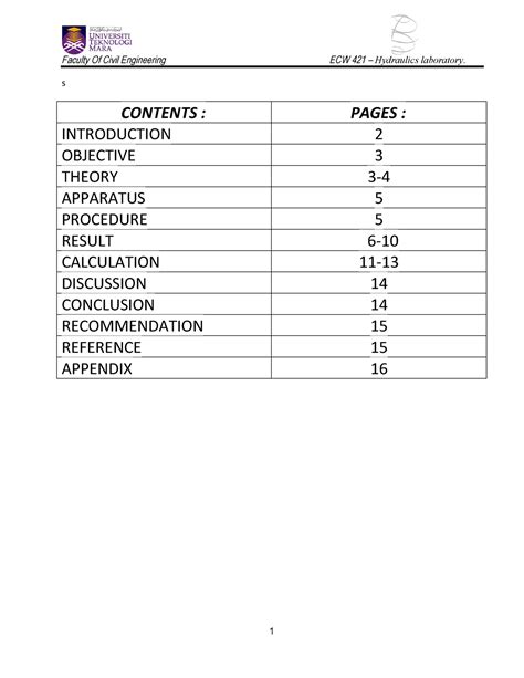 Flow Over a Broad crested Weir Lab Report - s INTRODUCTION CONTENTS : PAGES : OBJECTIVE THEORY 3 ...