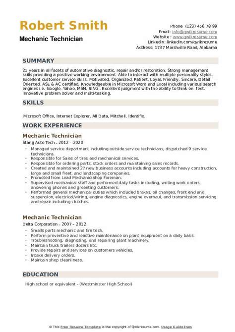 Mechanic Technician Resume Samples | QwikResume