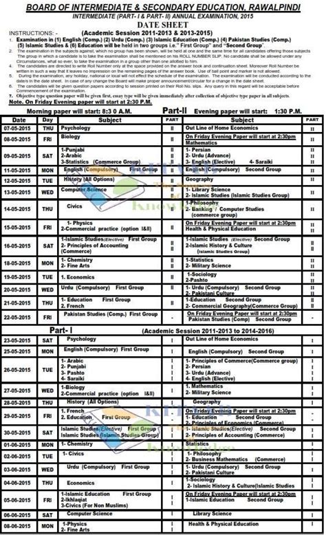 BISE RWP Rawalpindi Board HSSC Date Sheet 2015 Part First Second ...