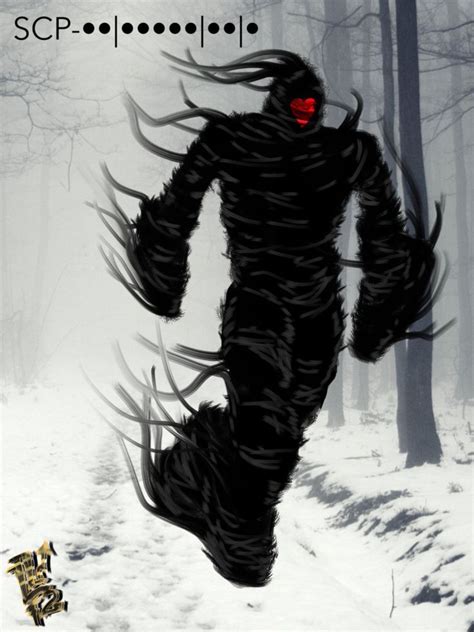 a drawing of a bigfoot running through the snow in front of some trees with red eyes