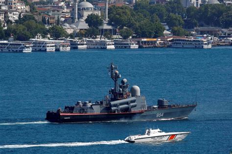 Russian tarantul class missile corvette ivanovets being escorted by a Turkish coast guard speed ...