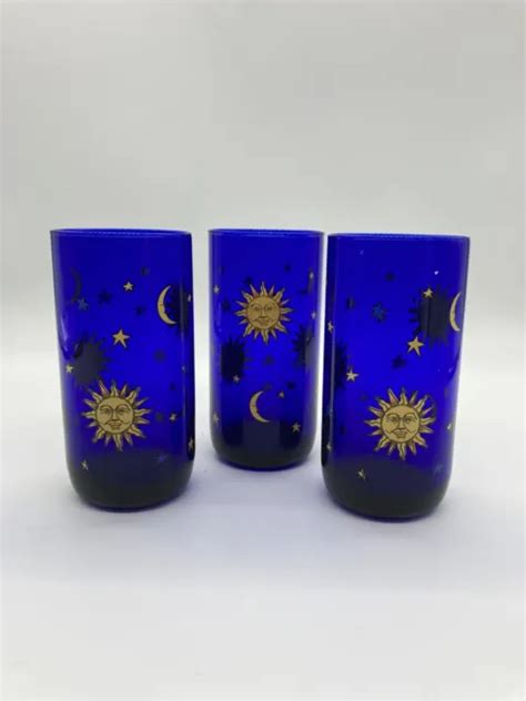 SET OF 3 Vintage Libby CELESTIAL Cobalt Blue Moon Sun & Stars Highball Glasses $83.30 - PicClick