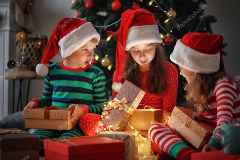 Cute little children opening magic Christmas gift at home - Stock Photo , #AD, #opening, #magic ...