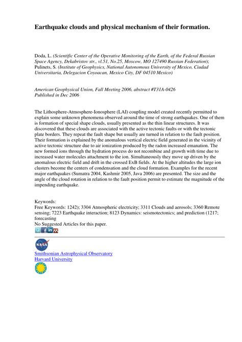 (PDF) Earthquake clouds and physical mechanism of their formation.