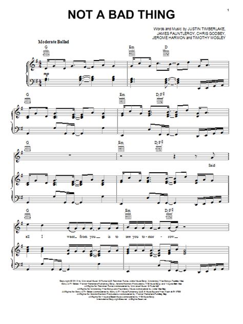 Not A Bad Thing by Justin Timberlake Sheet Music for Piano, Vocal & Guitar Chords (Right-Hand ...