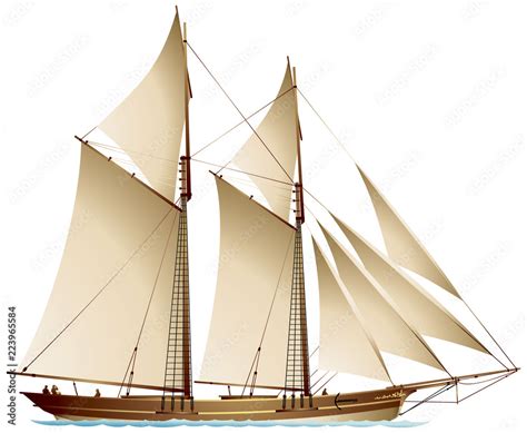 Schooner sailing vessel, a traditional gaff-rigged schooner with two ...