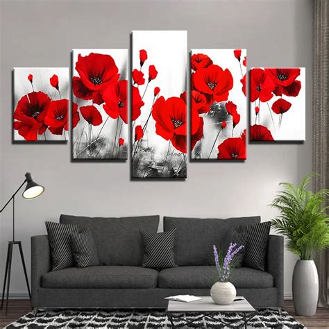 Modular 5 pieces canvas painting Black and white red flower Picture ...