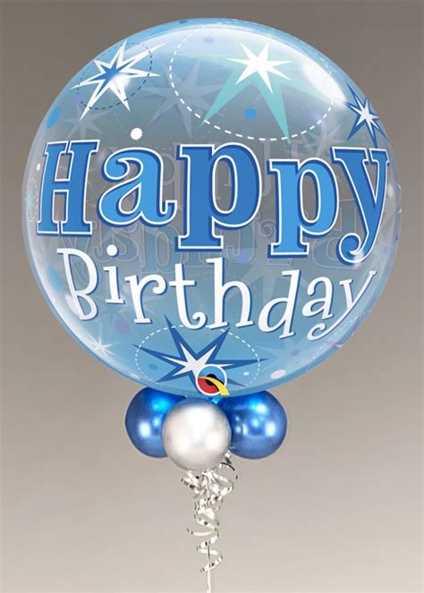 Inflated Blue Happy Birthday Helium Bubble Balloon With Collar