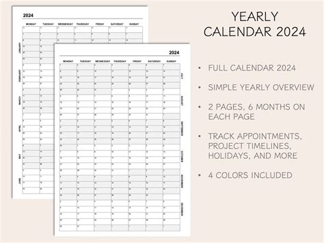 Yearly Calendar 2024, Printable Calendar 2024, Year at A Glance 2024 ...