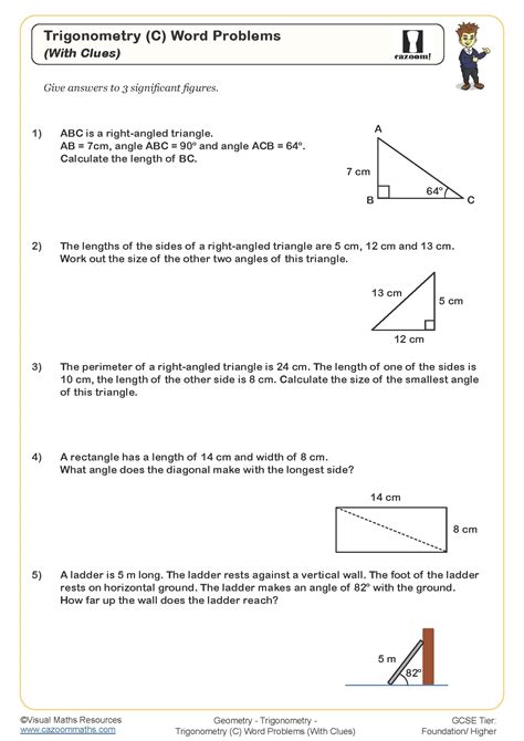 Trigonometry (C) Word Problems (With Clues) Worksheet | Printable Maths ...