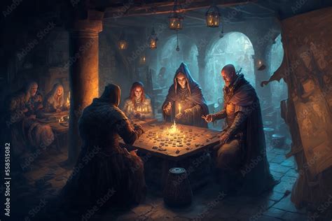 Roleplaying scenery in fantasy dungeon interior with characters playing ...