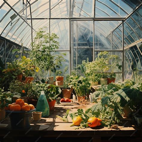 Premium AI Image | Greenhouse with kind of vegetable and gardening equipment agricultural concept